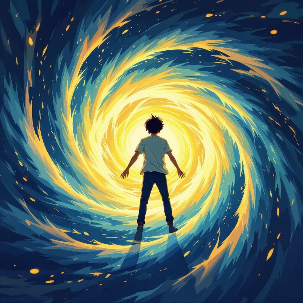 Man in Light Vortex, Room Dissolving, Time Distortion