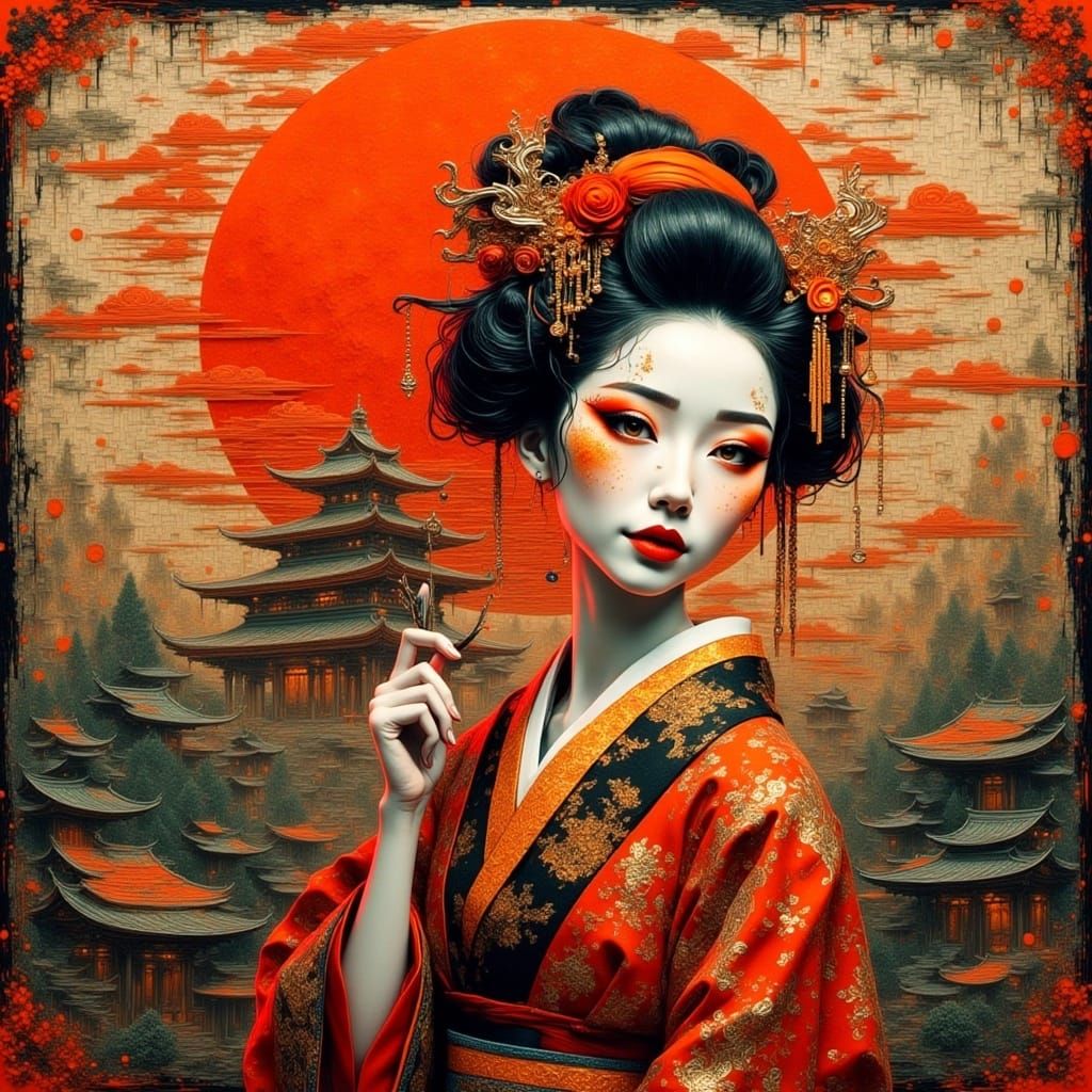 Geisha with Rising Sun in Tiled Style