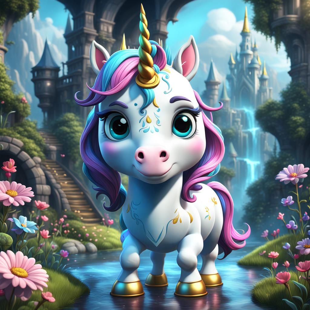 Cute Cartoon Unicorn in Detailed Fantasy Art