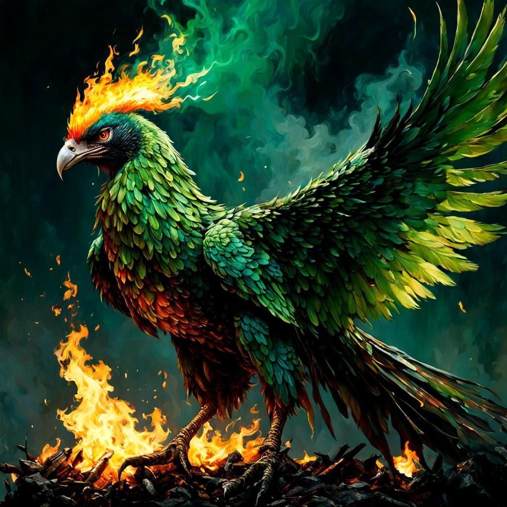Rebirth of a Fire Phoenix with Green Wings