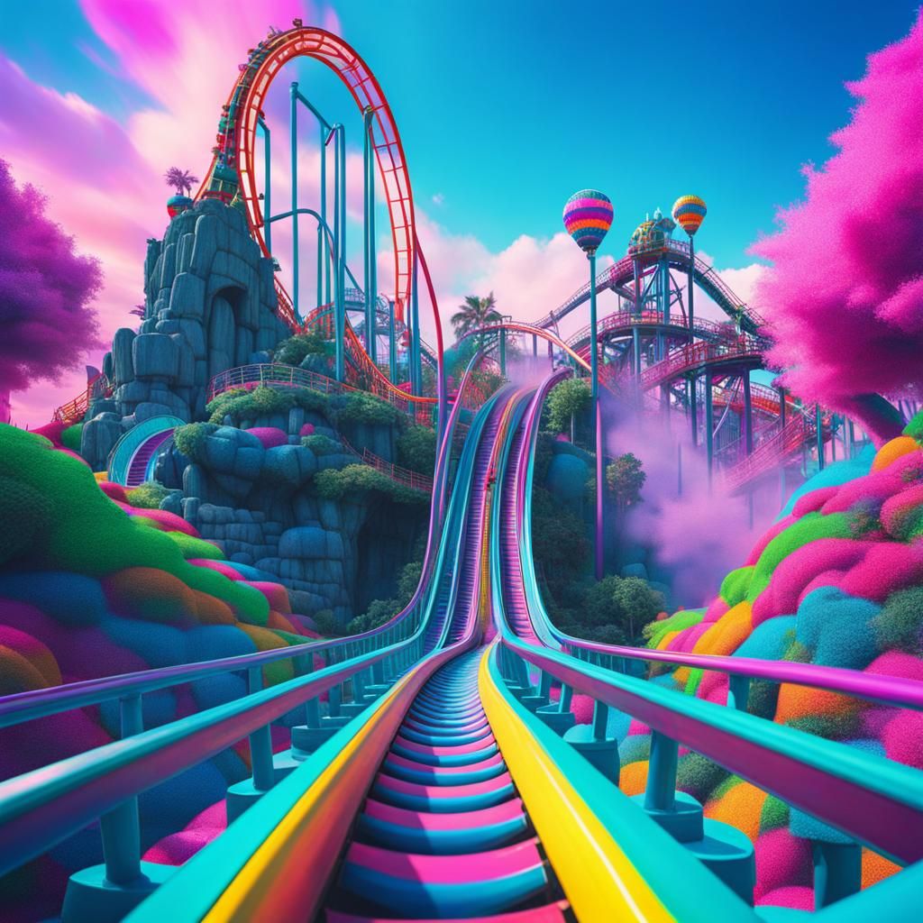 Trolls on Rollercoasters: Hyperrealistic Vaporwave Theme Par...