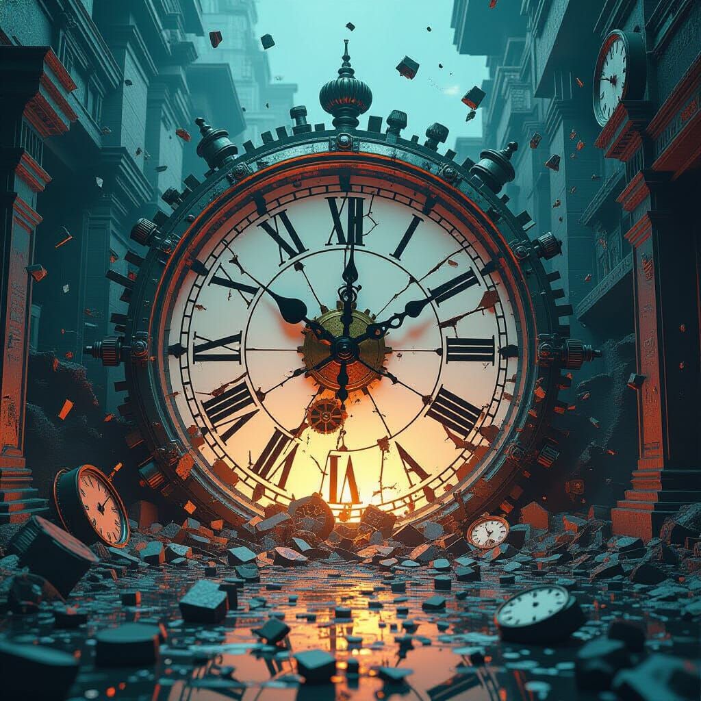 Dramatic Time Rift with Shattered Clocks in Digital Art