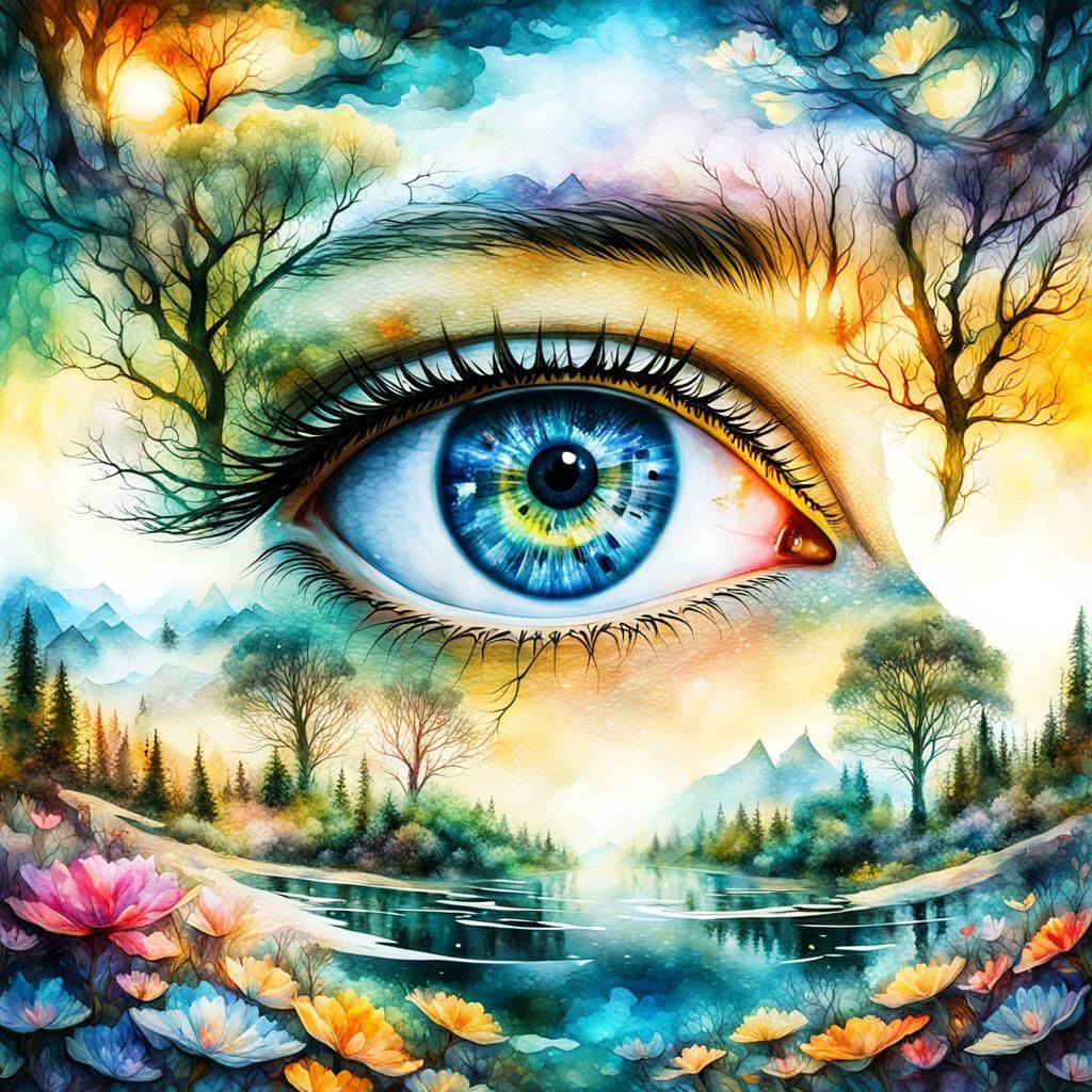 Magical Fairyland Dreamscape in Watercolor Double Exposure