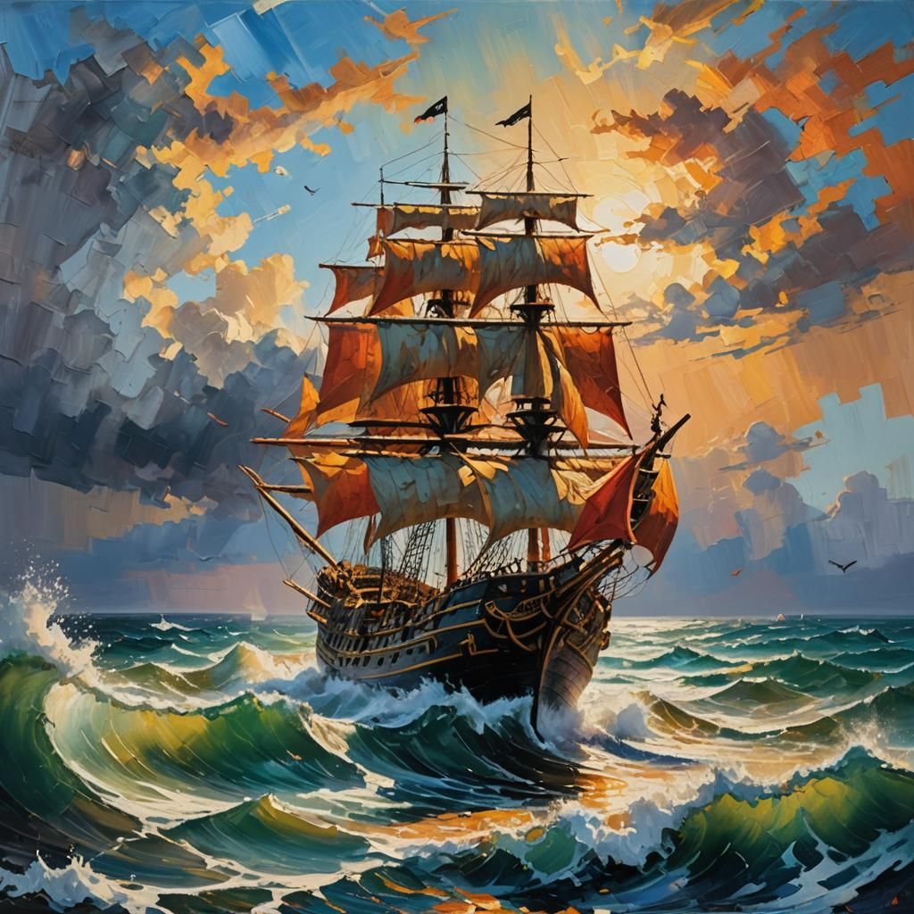 Expressionist Seascape Pirate Ship in Impasto Style