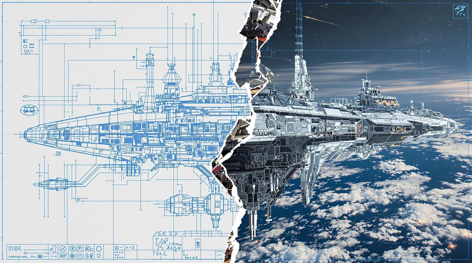 Futuristic Spaceship Blueprint Reveals Space Scene