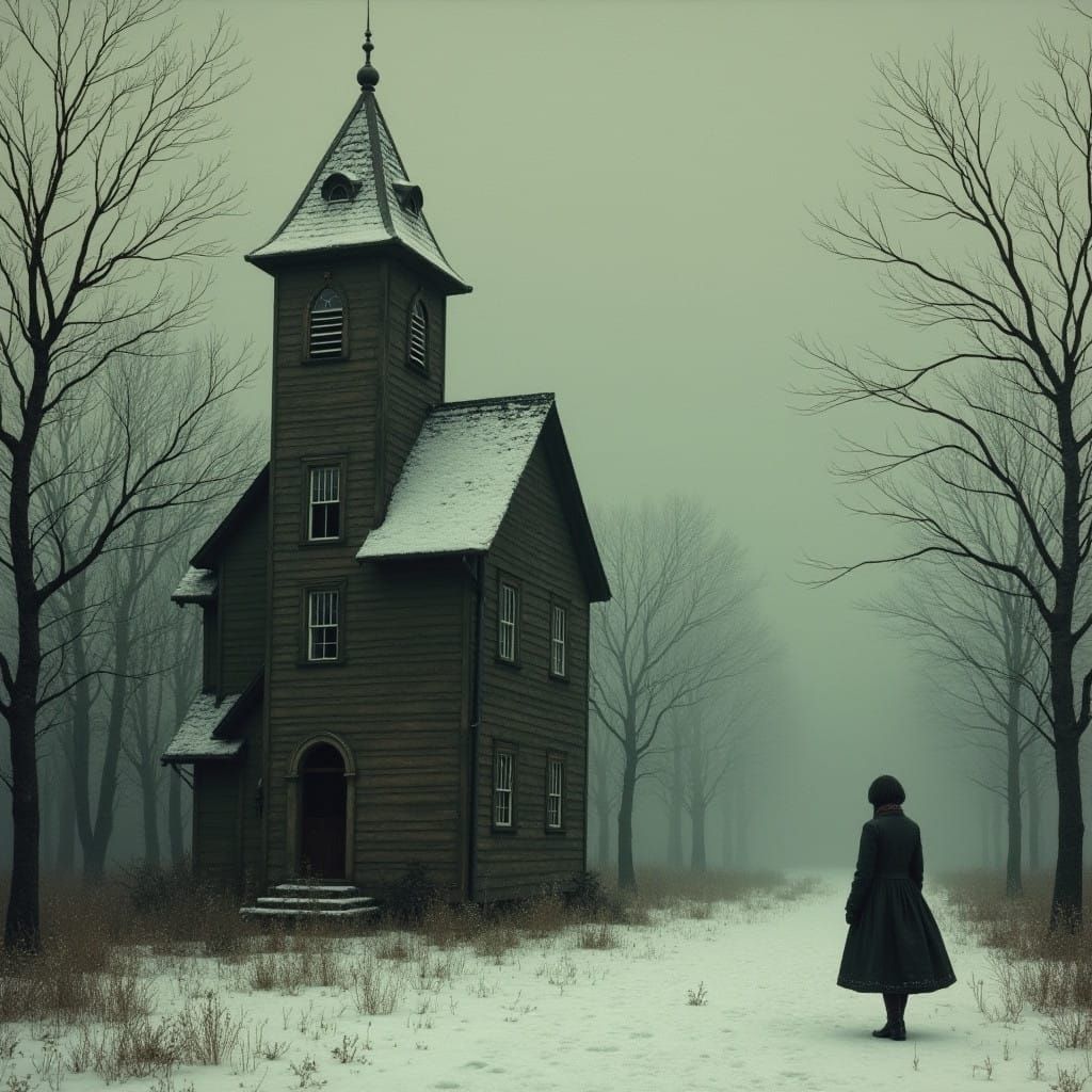 Ethereal Winter Scene with Sculptural Figures in a Snowy Lan...