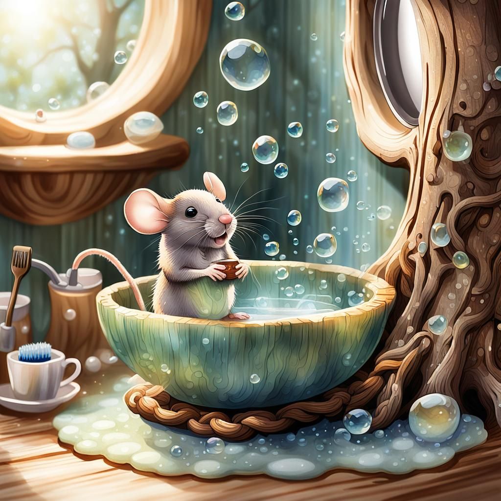 Mouse Bathing in Teacup: Whimsical Watercolor Illustration