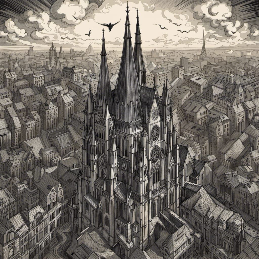 Detailed Gothic Cathedral in Monochrome Concept Art