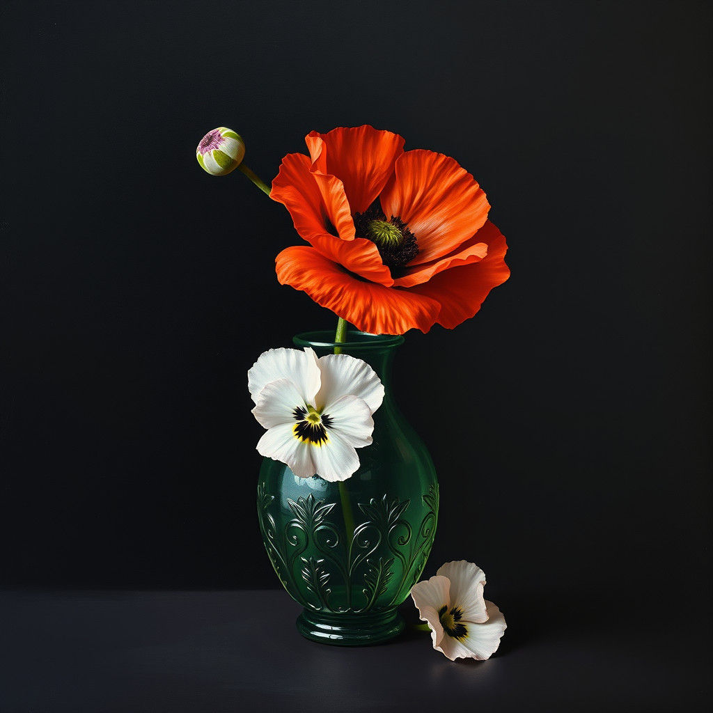 Poppy and Pansies in Impasto Odilon Redon Style