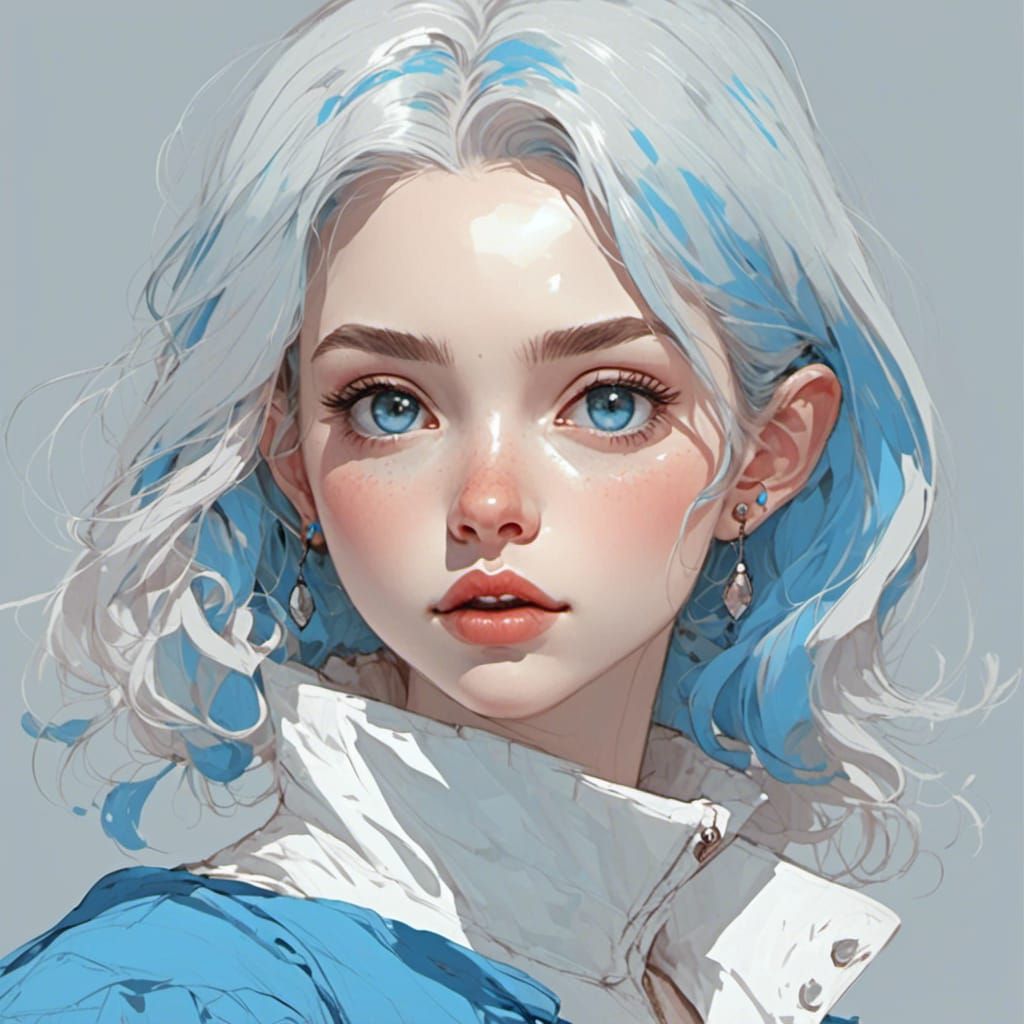 Girl Portrait with Blue Lettering in Minimal Art Style