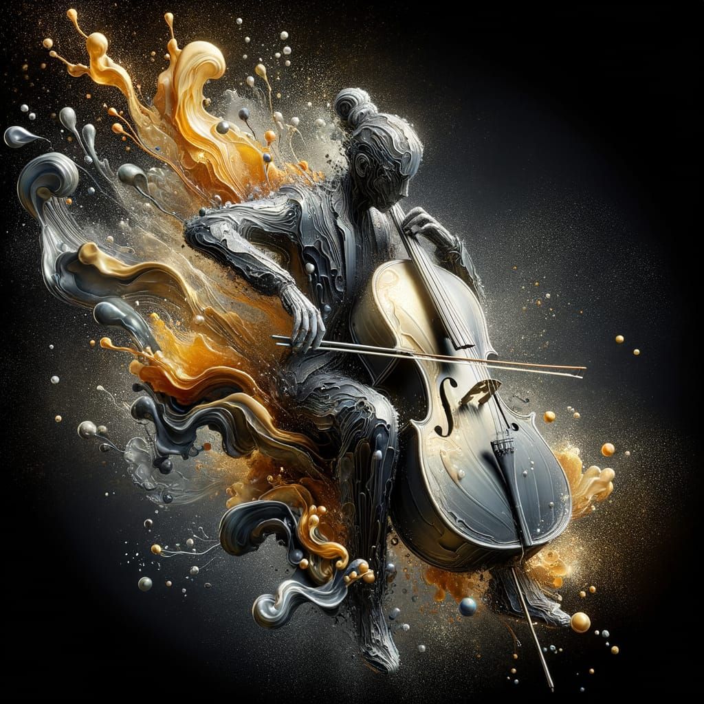 Abstract 3D Cellist in Watercolor and Gouache