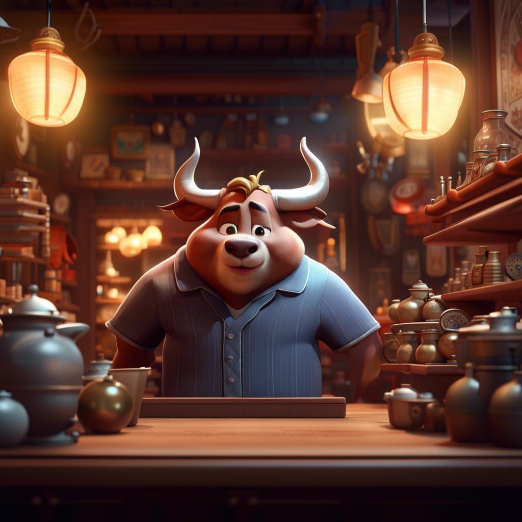 Cartoon Bull in China Shop: Pixar-Style 3D Art