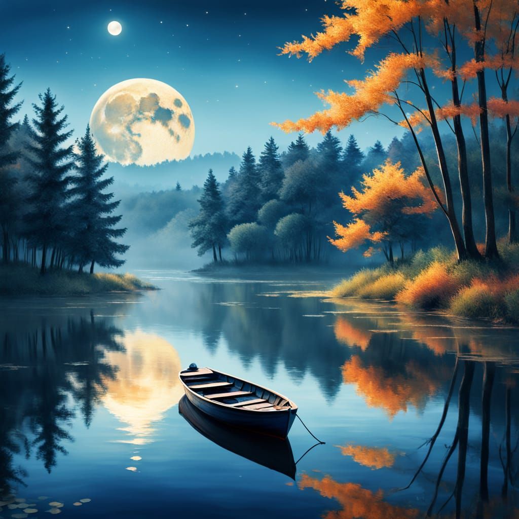 Ethereal Lake Scene Under Golden Moonlight