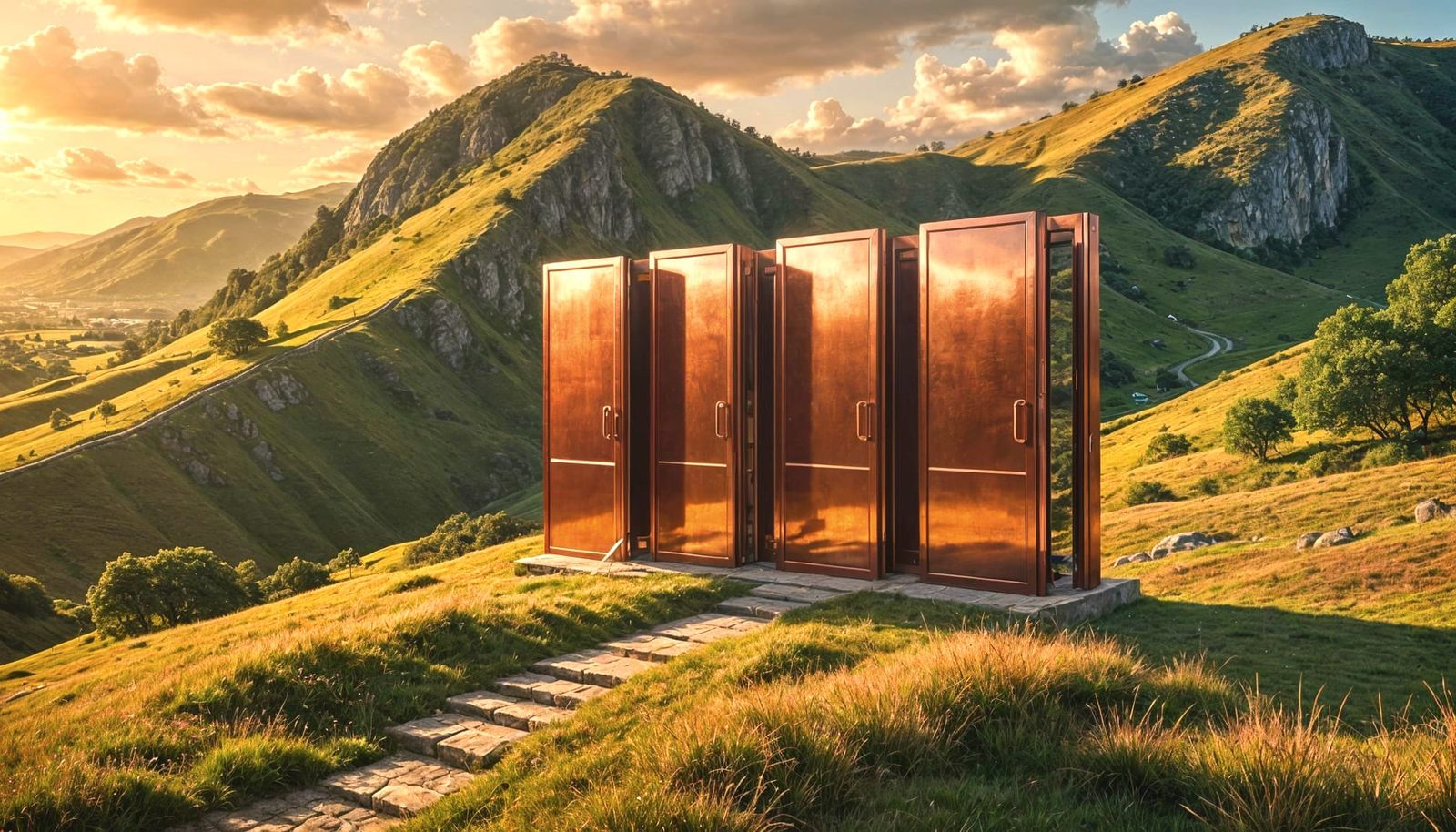 Burgundy Metallic Doors on Green Mountain Hillside