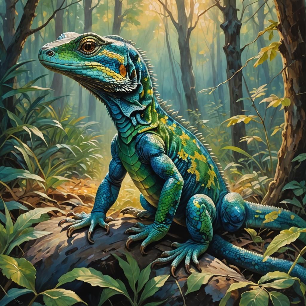 Blue Lizard in Forest, El Greco-Inspired Oil Painting