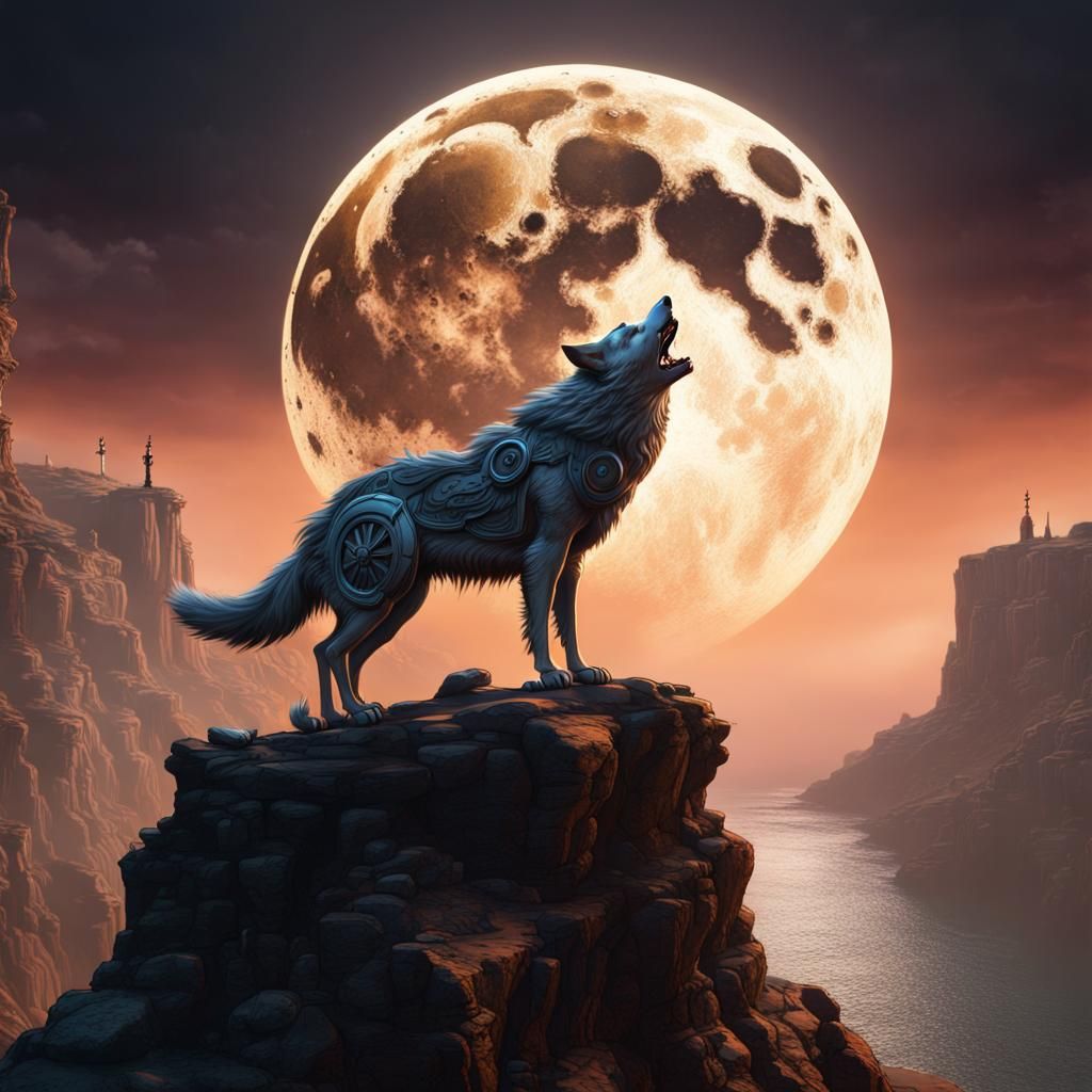 Steampunk Wolf Howling at Moonlit Cliff