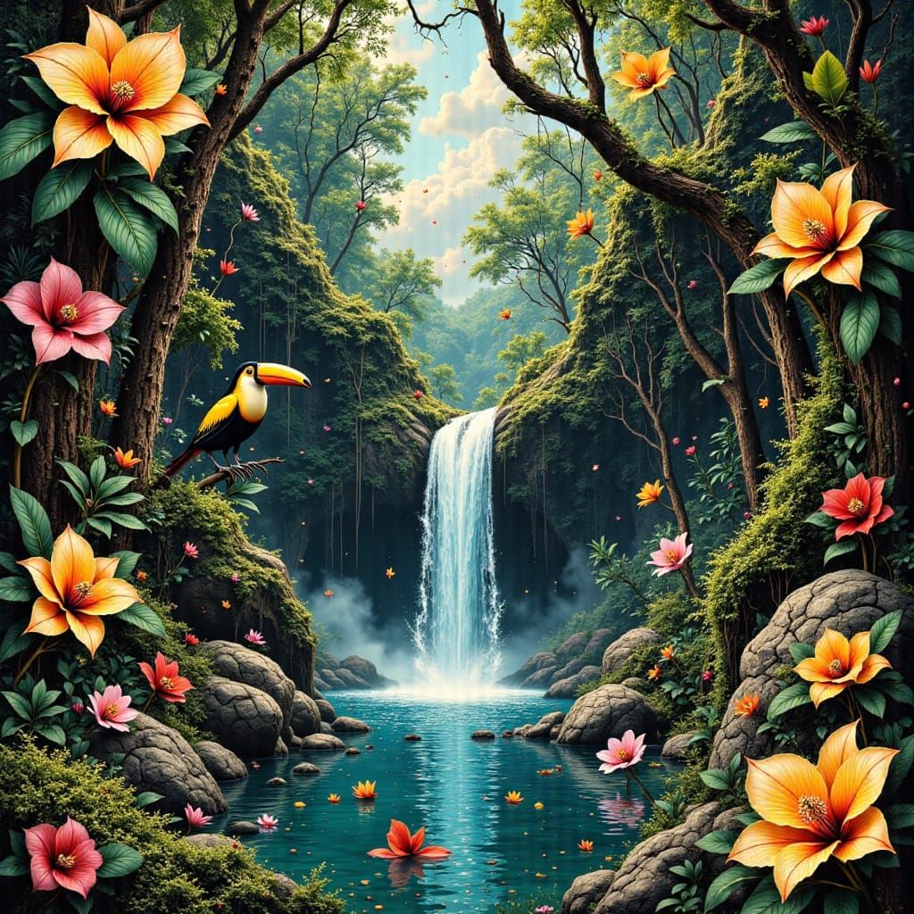 Lush, tropical rainforest teeming with exotic flora and faun...