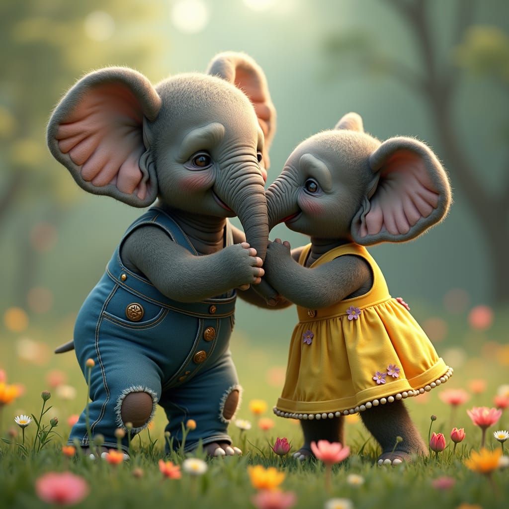Elephants in Clothes Play in Lush Park: CGI Art