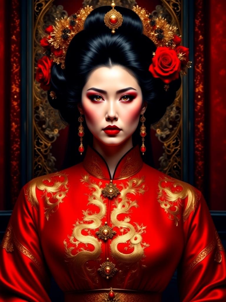 Elderly Chinese Queen in Red Silk Robes
