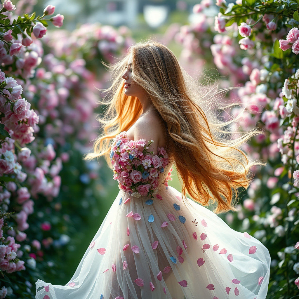 Woman Dancing in Flower Dress in Whimsical Garden