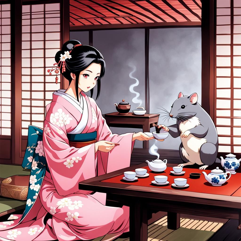 Anime-Style Japanese Woman and Rat Tea Ceremony