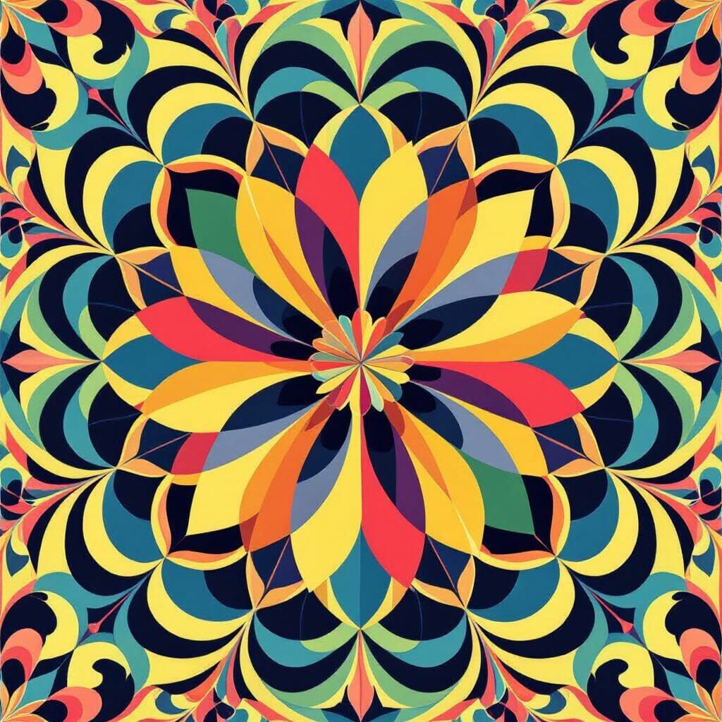 Hypnotic Flower with Symmetrical Patterns in Op Art Style