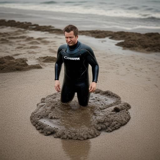 Man in Wetsuit Sinking in Quicksand: Professional Photograph...