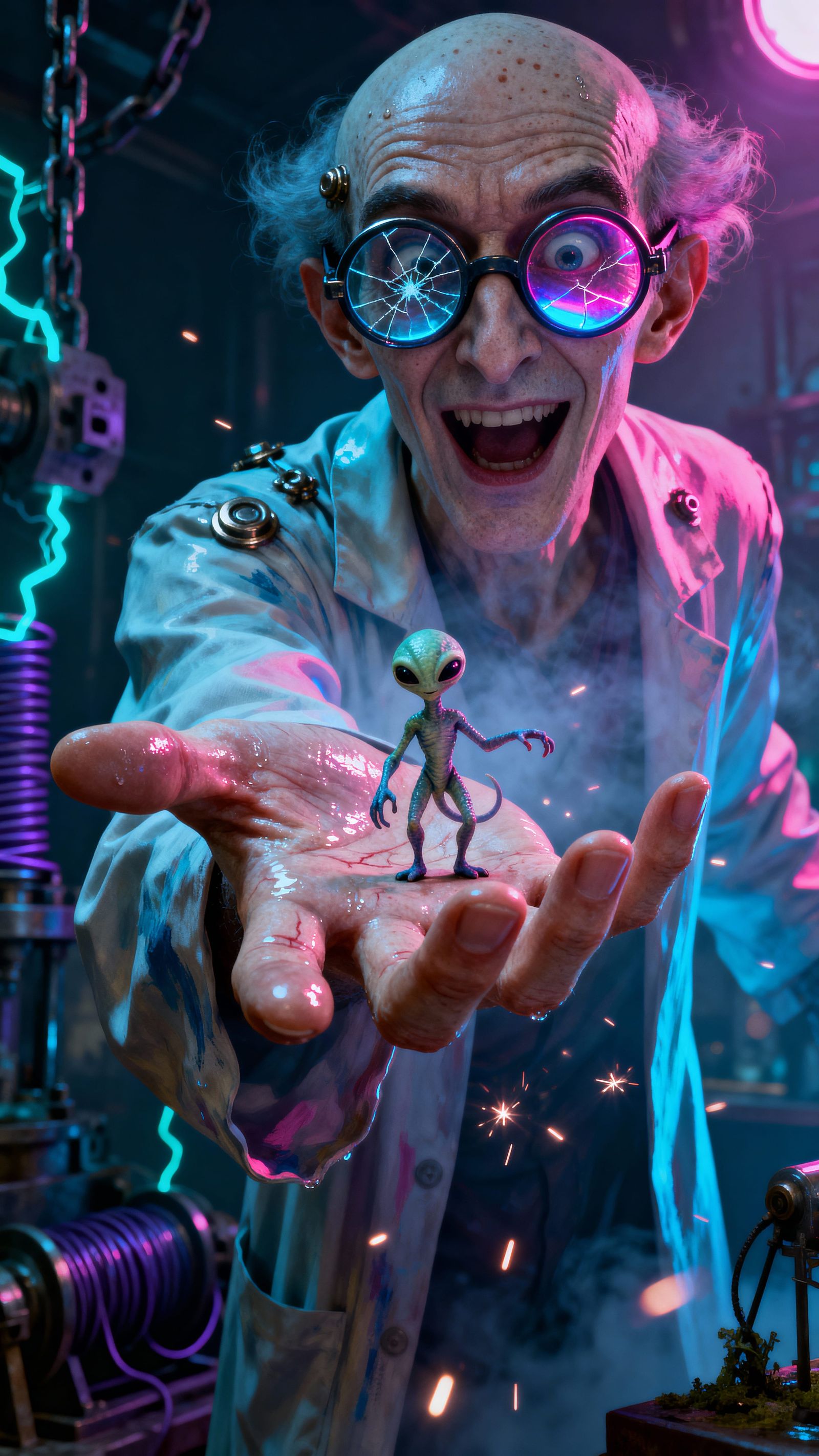 Mad Scientist with Alien Hybrid in Surreal Laboratory