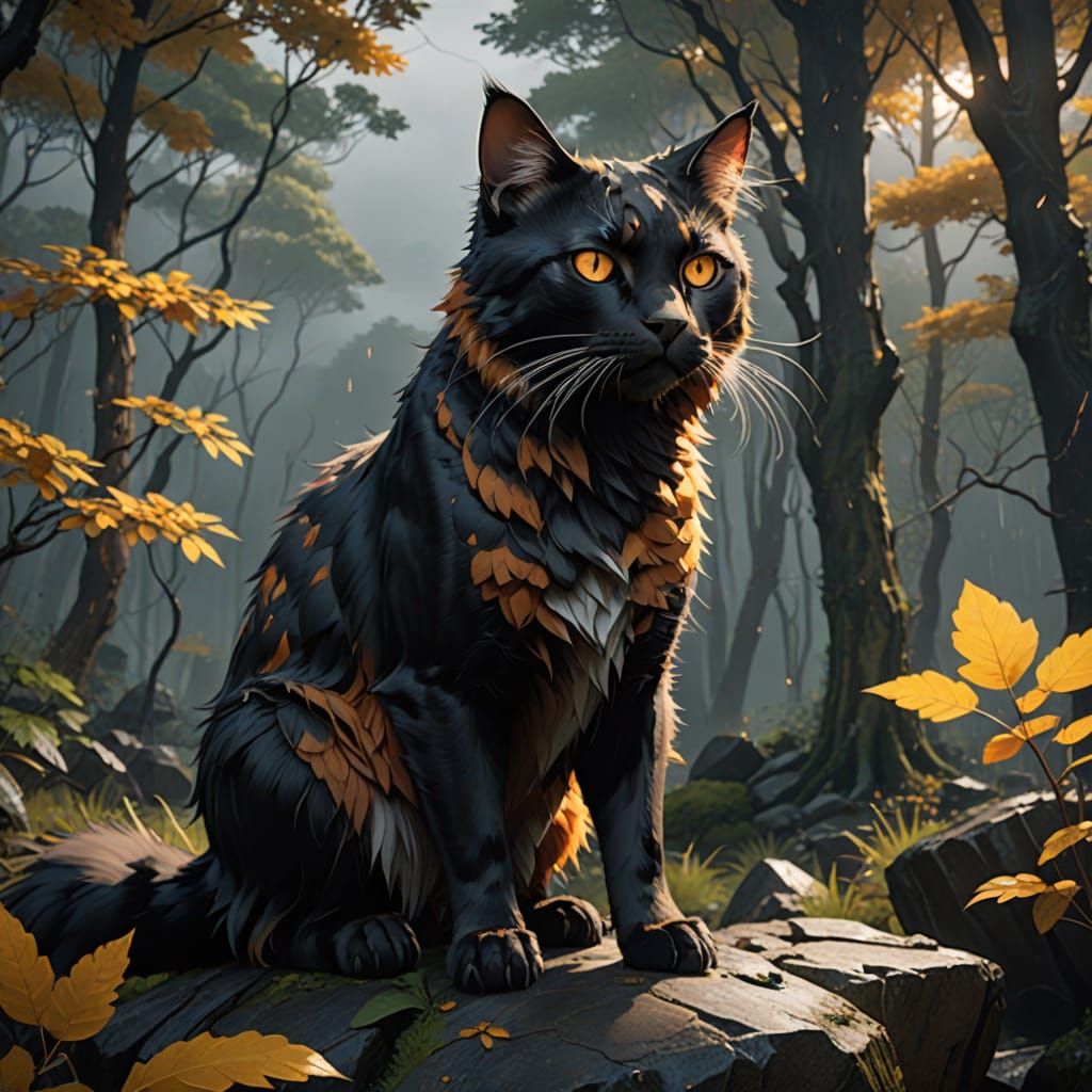Anime-Inspired Tortoiseshell Cat in Stormy Forest