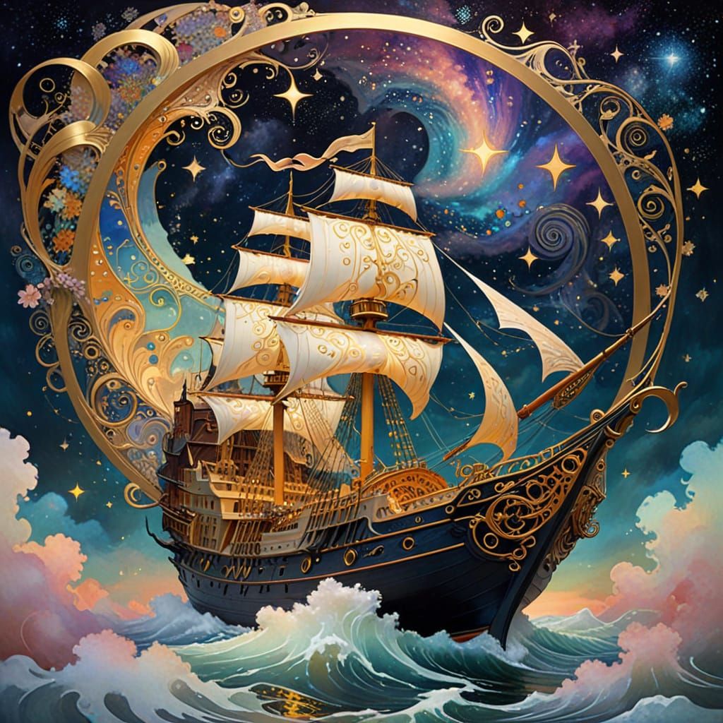 Art Nouveau Ship Sails Through Starry Dreamscape