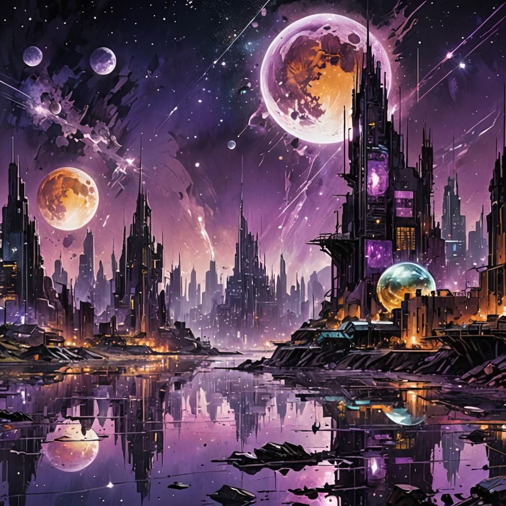 Futuristic City Reflecting in Purple Ocean Spacescape