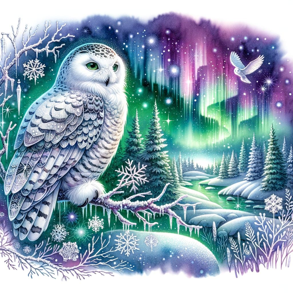 Majestic Snowy Owl in Aurora Borealis Winter Landscape