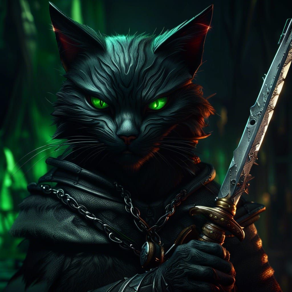 Black Cat Thief with Dagger, Detailed Digital Art
