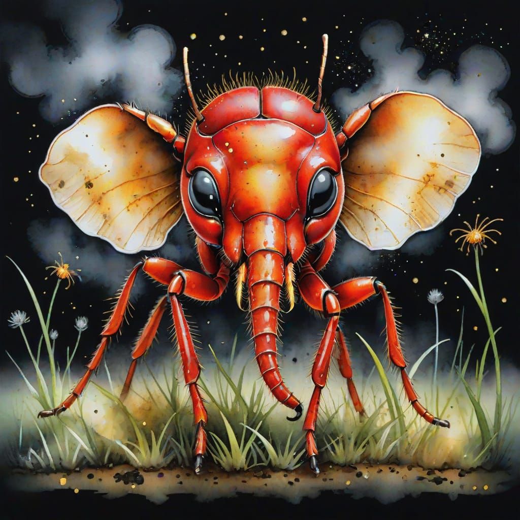 Surreal Elephant-Ant Hybrid in Golden Stardust