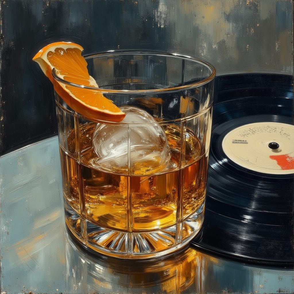 Whiskey Glass with Ice and Orange Slice in Neo-Traditional S...