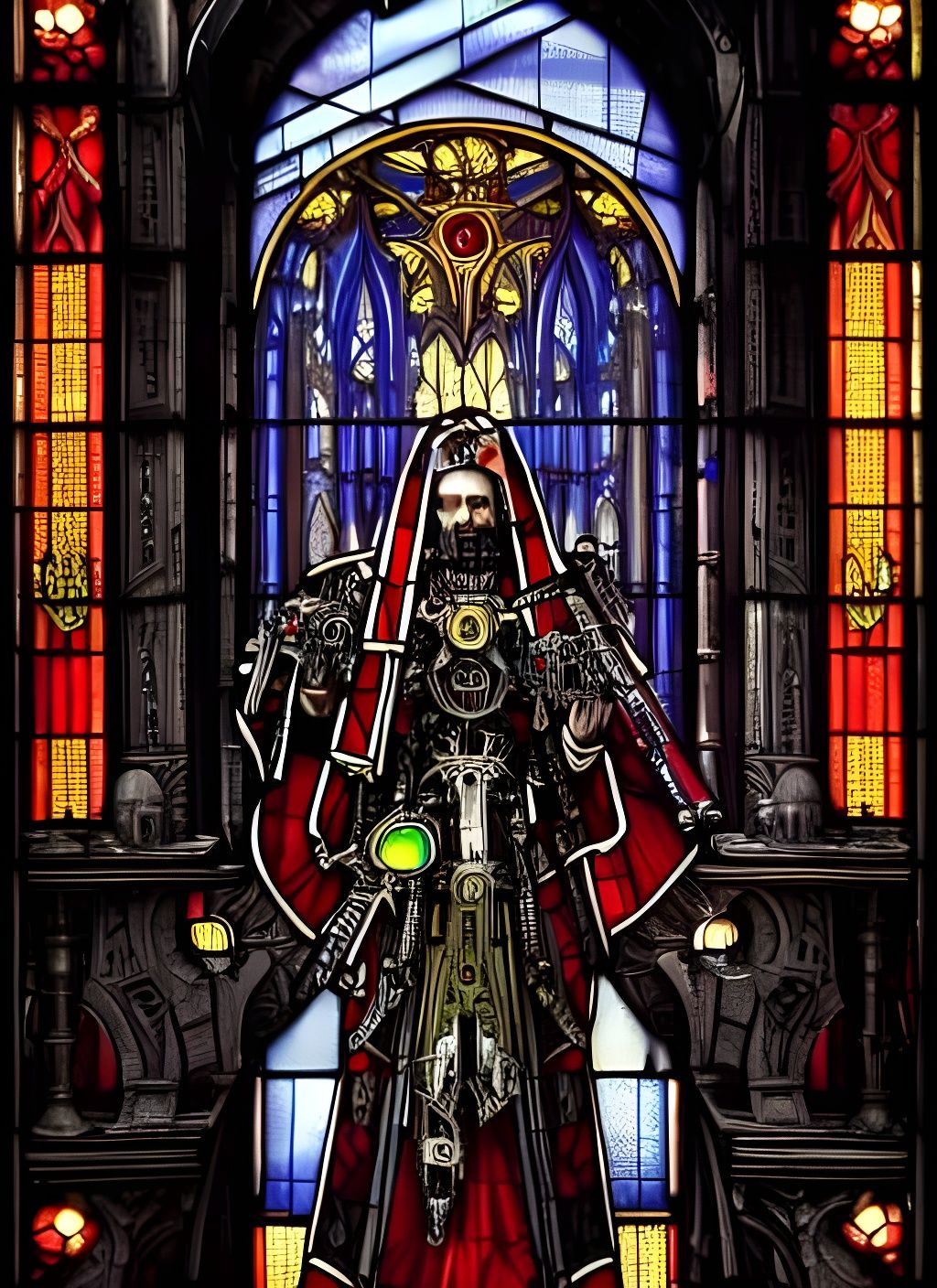 Cyborg Tech-Priest Stained Glass in Gothic Horror Style