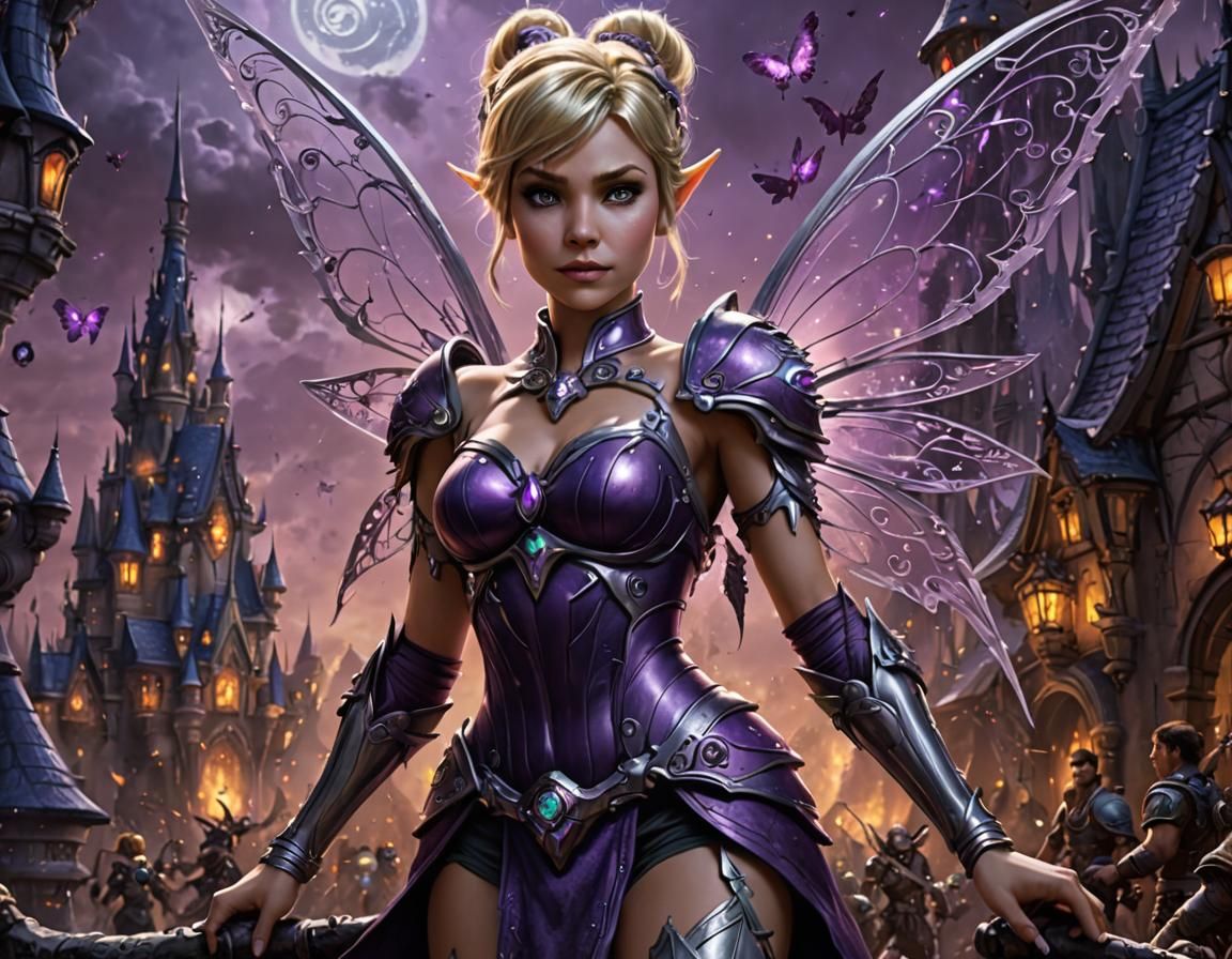 Evil Cyborg Tinkerbell Fantasy Scene in Purple and Silver