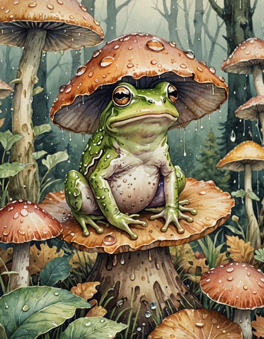 Cute Frog on Mushroom: Whimsical Watercolor Illustration
