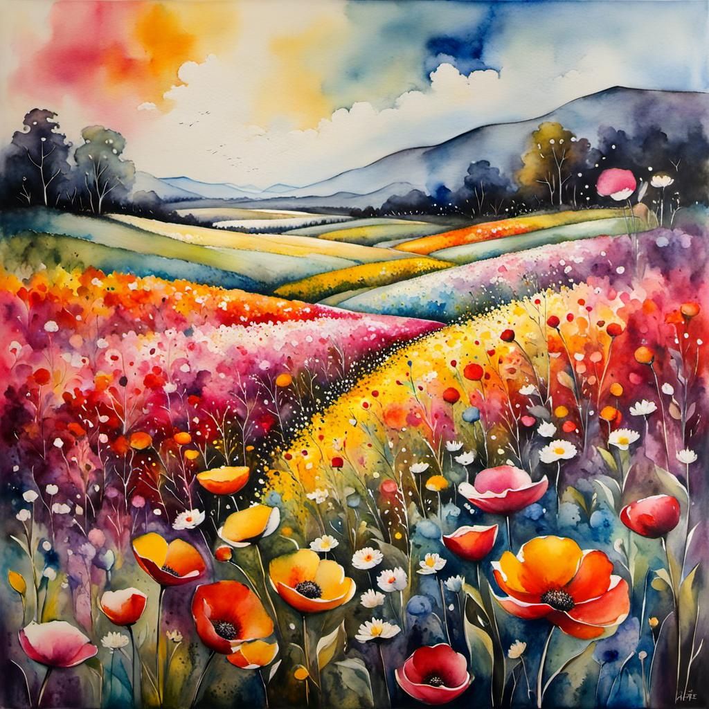 Beautiful Watercolour Flower Field Painting