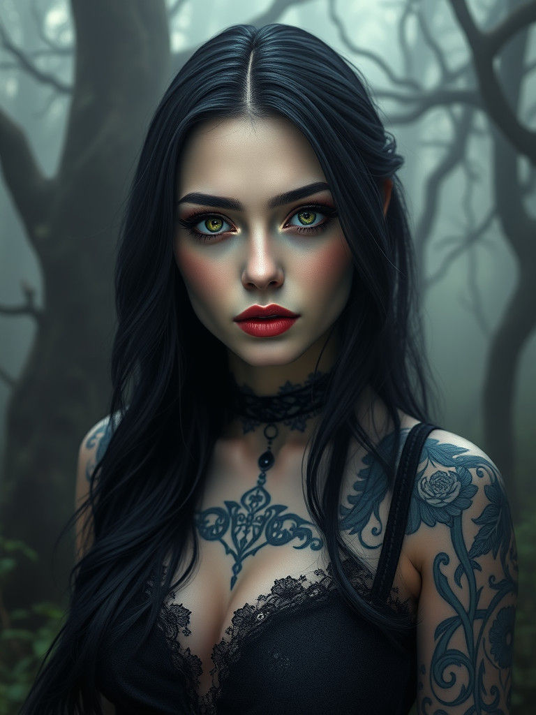 Mysterious Tattooed Woman in Misty Forest, Concept Art