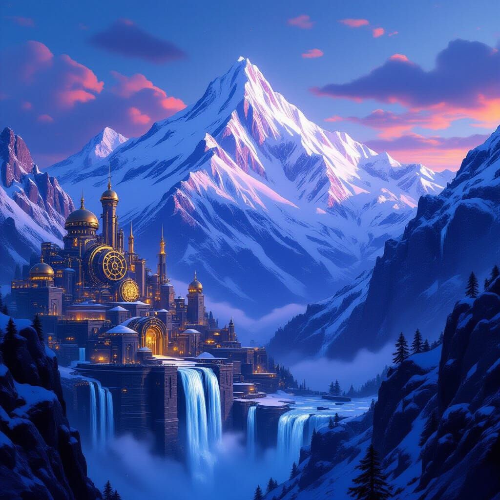 Steampunk City Hidden in Snow-Capped Mountains at Twilight