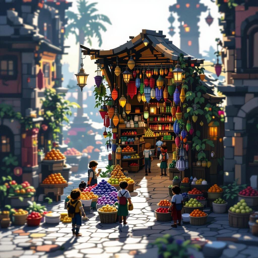 Isometric Pixel Art Marketplace at Dawn
