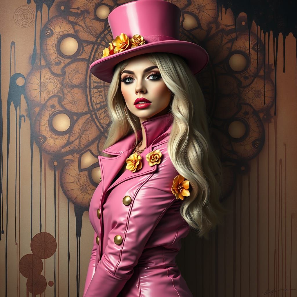 Avant-Garde Woman in Pink with Gold Flowers