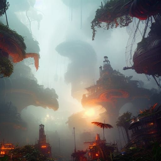 Steampunk Jungle Islands with Lightning, Dark Fantasy Art