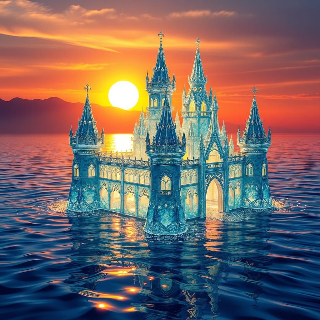 Majestic Water Castle Illuminated by Golden Sunset