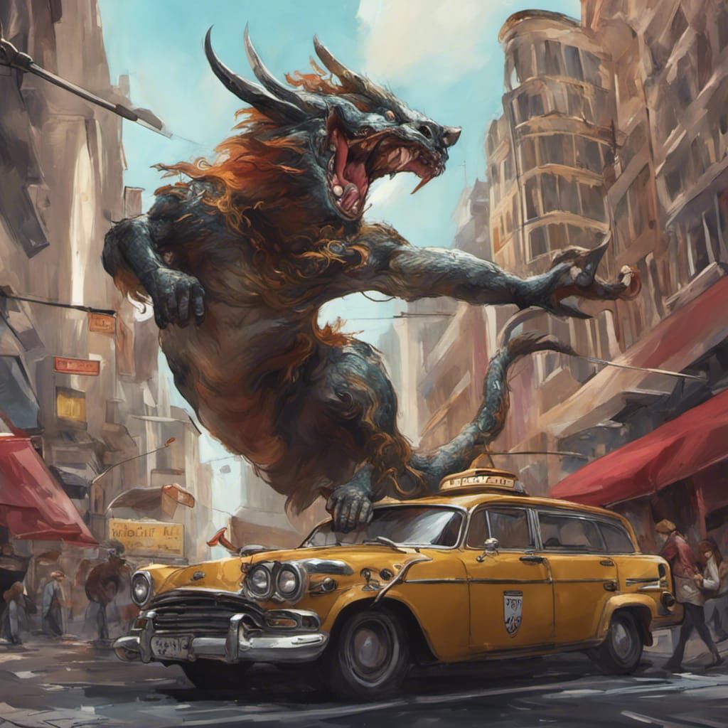 Dragon Cat Taxi Chase: Hyperdetailed Concept Art