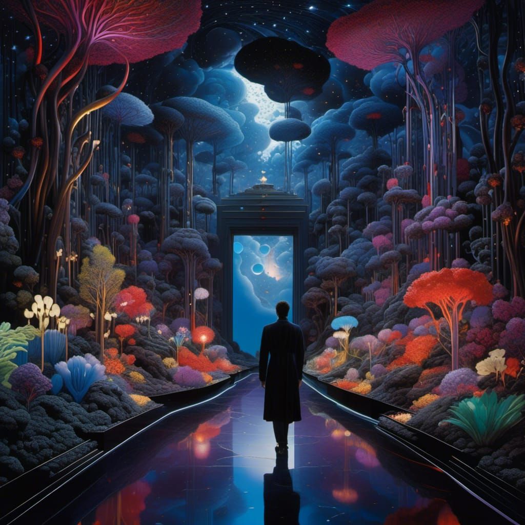 Surreal Bioluminescent Garden Passage in Neon Futurism