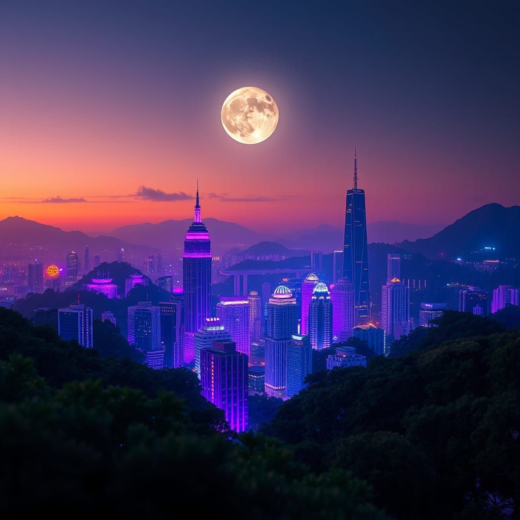 Purple LED Cityscape with Floating Blocks