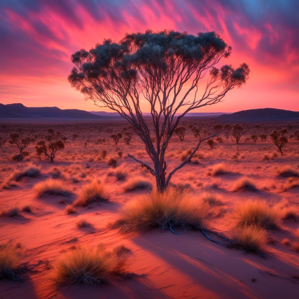 Australian Desert Eucalyptus at Dusk in Oil Painting Style
