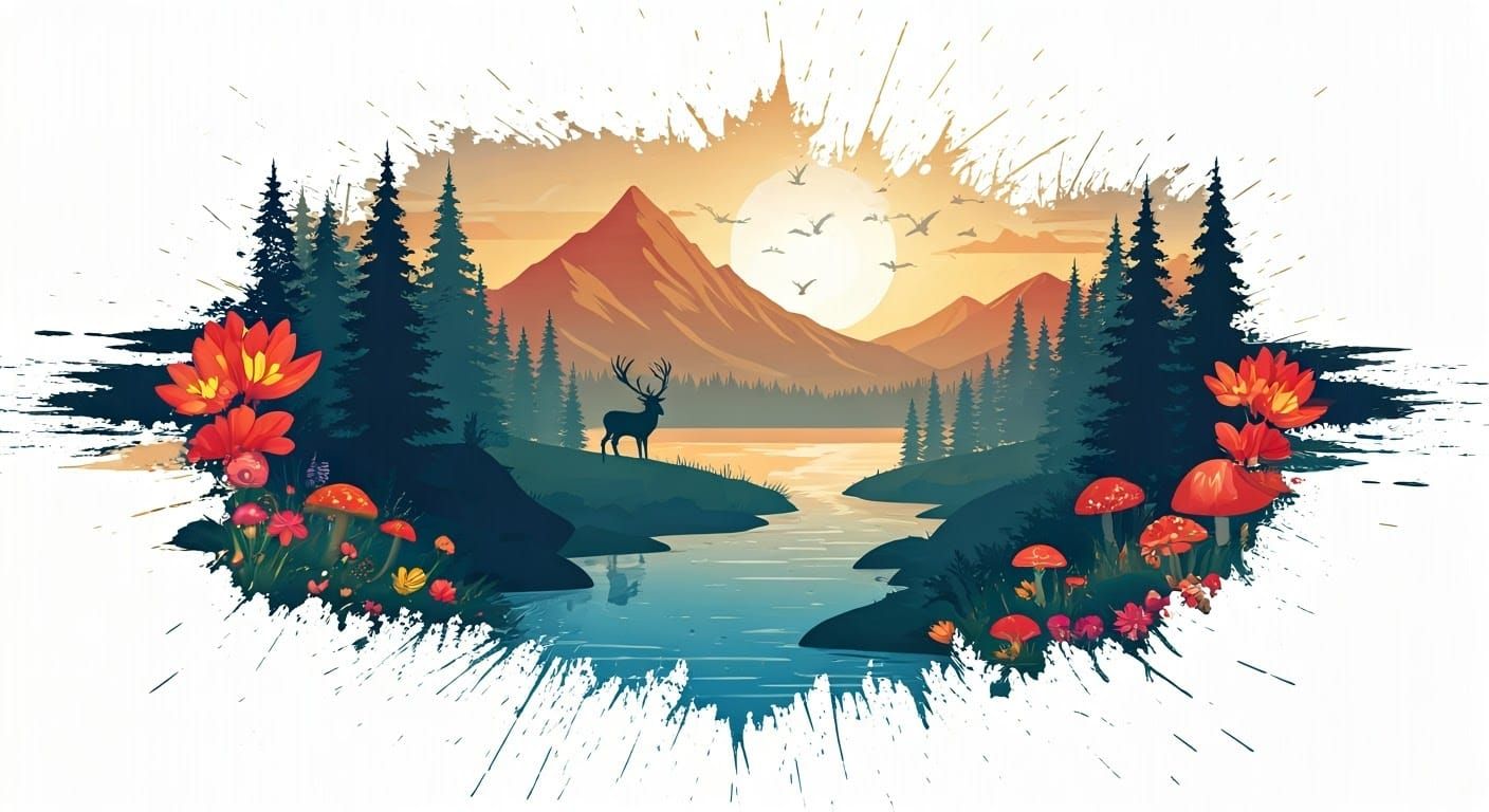 River Landscape in Double Exposure Ink Splatter Art